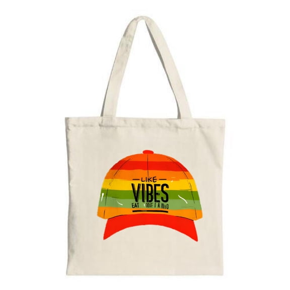 Colorful striped cap design with " LIKE VIBES CALI BEING " text on a canvas tote bag perfect for shopping travel and parties