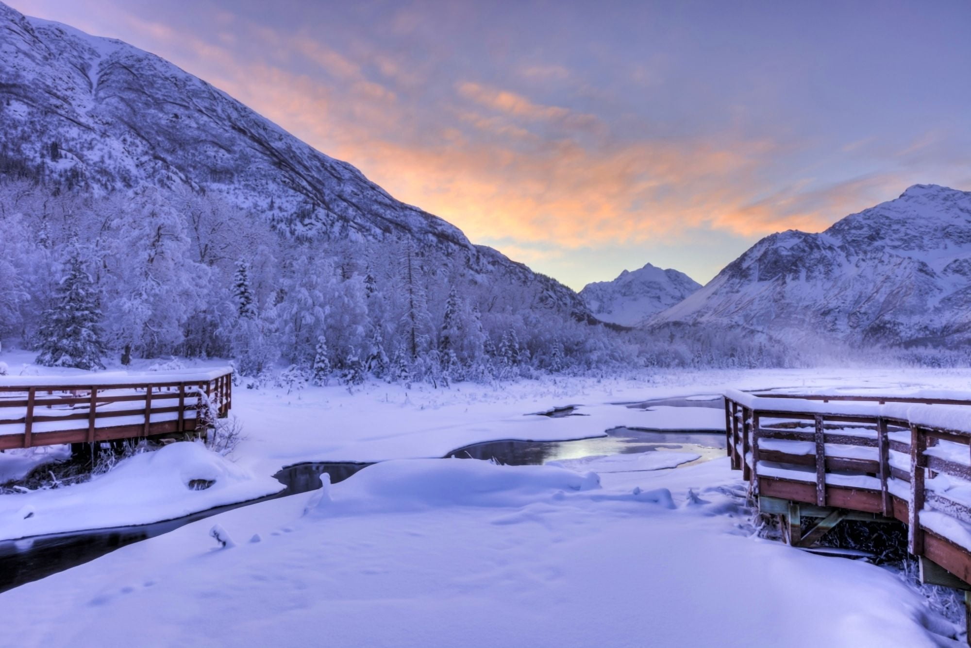 Colorful sunrise over a stream and the salmon viewing deck at the Eagle River Nature Center in Chugach State Park Southcentral Alaska Winter HDR Canvas Art - Lucas Payne Design Pics (19 x 12)