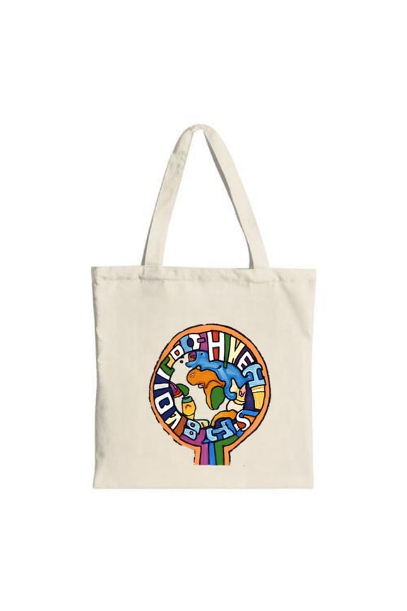 Colorful tote bag with a globe design and vibrant text " FOR THE LOVE OF THE WORLD " Perfect for shopping travel and parties