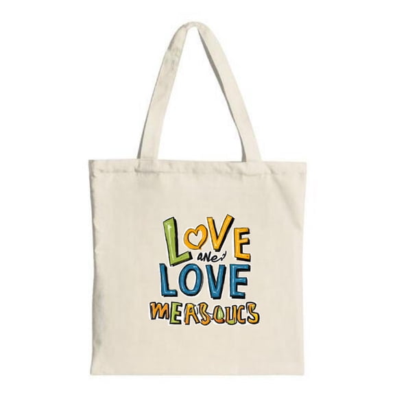 Colorful tote bag with playful " Love and Love Me As Qucs " design perfect for shopping travel and parties Durable canvas material