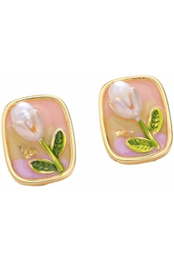 Colorful tulips, irregular Quality Baroque, natural pearl earrings, women's oil painting style, temperament earrings[x485]