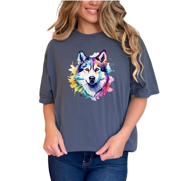 Colorful watercolor wolf t-shirt, unique wolf design tee, artistic animal print shirt, vibrant tshirt for animal lovers, wolf art gift tee, Denim Comfort Colors T-Shirt, 3XL