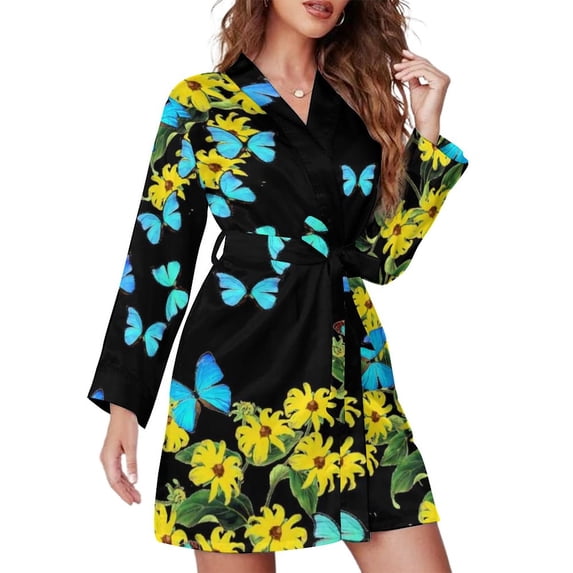 Colorfull Butterfly Pajama Robe V Neck Lots of Pretty Butterflies Dress Lady Long Sleeve Room Sleepwear Print Pajamas Robes