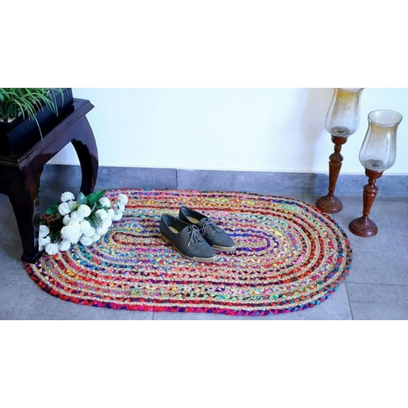 Colorfull Handmade Chindi Cotton Carpet, Oval Design, various Sizes Available