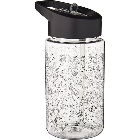 Colorfull Plates BPA-free Travel Water Bottle 16.9oz, Flip Sip Top, For Boys and Girls, Easy to Clean, Light Weight… (Space Theme in Black)