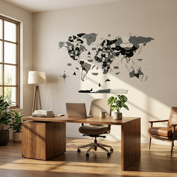 Colorfull Worlds 3D Wooden World Map with Pins for Travel, Wall Art for Home & Office, Gray L