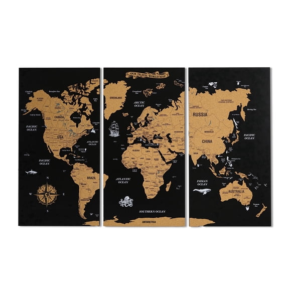 Colorfull Worlds Unframed Cork World Map Wall Art, Black, 35x53 in XL, 3-Piece Design
