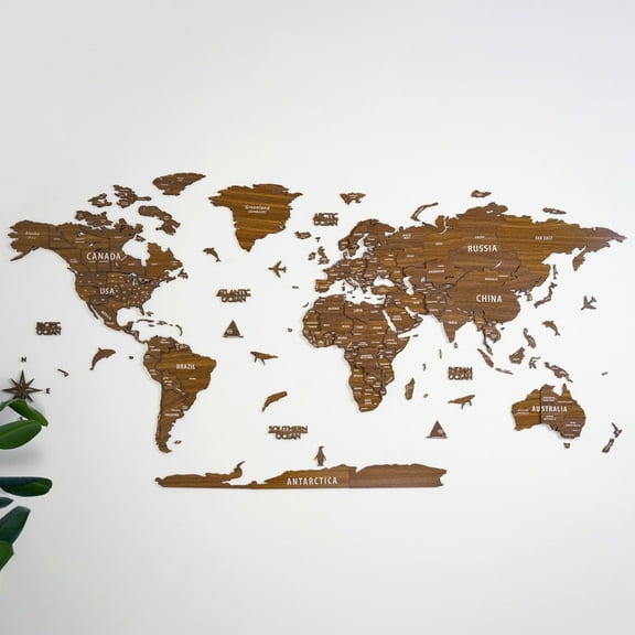 ColorfullWorlds 3D Wood World Map Travel Map Gift Idea Wooden Wall Art (L - L. Brown)