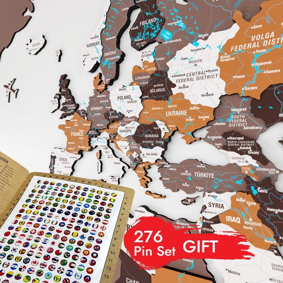 ColorfullWorlds 3D Wooden World Map Wall Art Large Wood Wall Decor Travel Map for Home & Office with Push Pins (Soil, XXLarge)