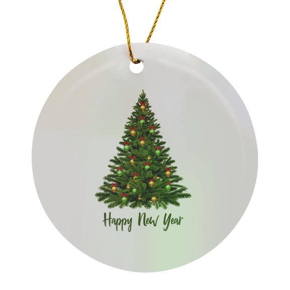 3drose, Colorfully Ornamented Green Christmas Tree. Happy New Year Text, Circle Porcelain Ornament
