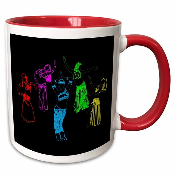 Colorfully outlined silhouettes of oriental female dancers on black 11oz Two-Tone Red Mug mug-294607-5