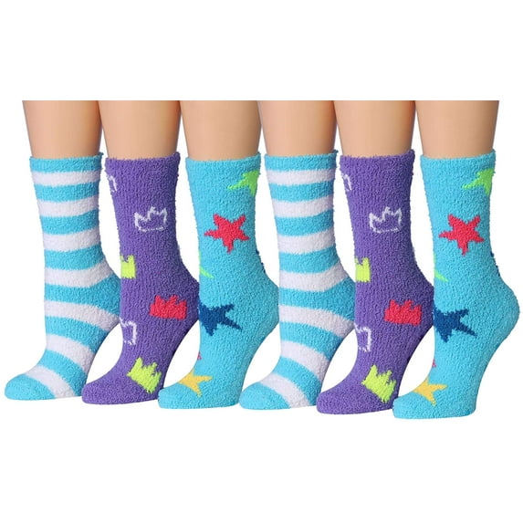 Colorfut Women's 3-Pairs Cozy Microfiber Anti-Skid Soft Colorful Patterned Fuzzy Crew Socks Slipper (with non-slip silicone grippers) FZ25B-6