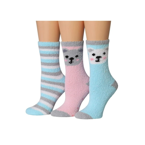 Colorfut Women's 3-Pairs Cozy Microfiber Anti-Skid Soft Colorful Patterned Fuzzy Crew Socks&nbsp;Slipper (with non-slip silicone grippers) FZ43-B