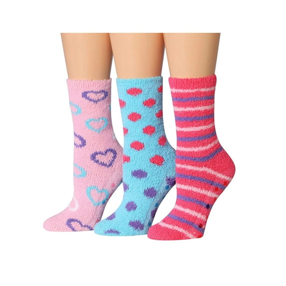Colorfut Women's 3-Pairs Cozy Microfiber Anti-Skid Soft Colorful Patterned Fuzzy Crew Socks&nbsp;Slipper (with non-slip silicone grippers) FZ44-A
