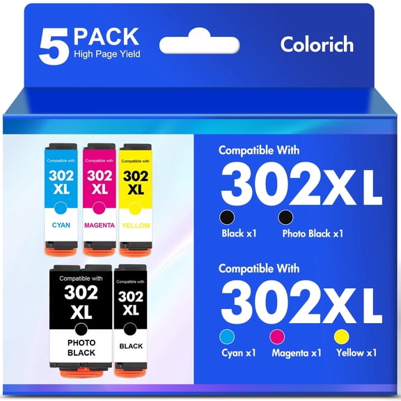 Colorich 302 Ink Cartridge Compatible for Epson 302XL Ink Cartridges for Expression Premium XP-6000 XP-6100 Printer (2*Black Cyan Magenta Yellow, 5-Pack)