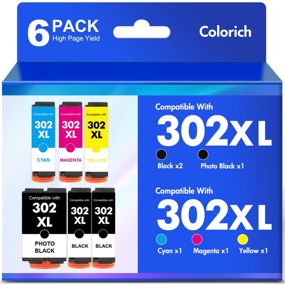 Colorich 302 Ink Cartridge Compatible for Epson 302XL Ink Cartridges for Expression Premium XP-6000 XP-6100 Printer (3*Black Cyan Magenta Yellow, 6-Pack)