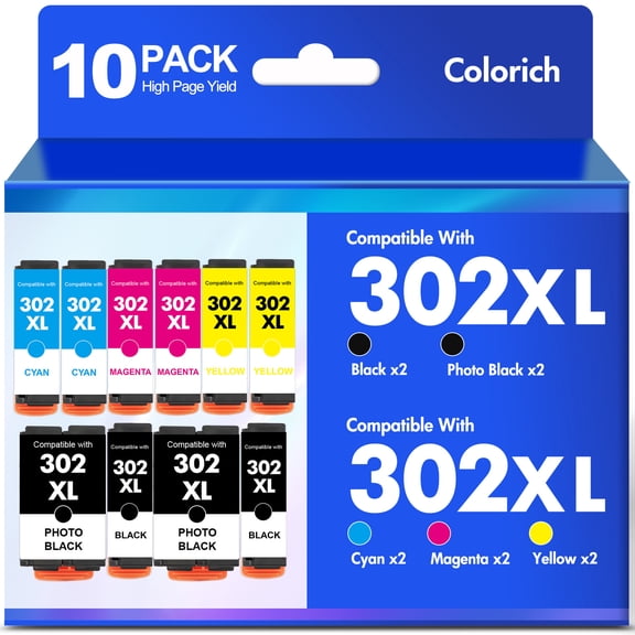 Colorich 302 Ink Cartridge Compatible for Epson 302XL Ink Cartridges for Expression Premium XP-6000 XP-6100 Printer (4Black 2Cyan 2Magenta 2Yellow, 10-Pack)