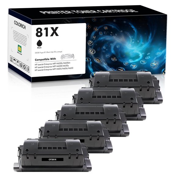 Colorich 5-Pack 25000 Pages Compatible 81A CF281A Toner Cartridge for HP 81X CF281X Enterprise MFP M605 M605n M605dn M605x M606 M630z M632 M606n M630 M630h M630dn Black Printer ink