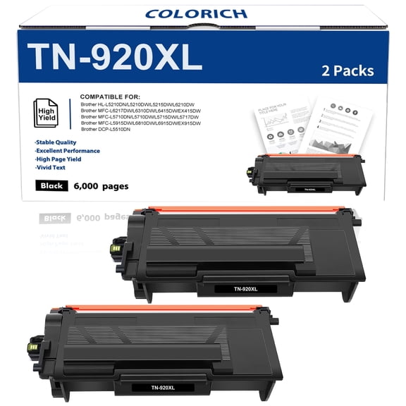 Colorich Compatible for Brother TN-920XL TN920XL Toner Cartridge HL-L5210DN L6210DW L6217DW L6310DW L6415DW EX415DW DCP-L5510DN MFC-L5710DN L5715DW L5717DW L5915DW Printers (Black 2-Pack)