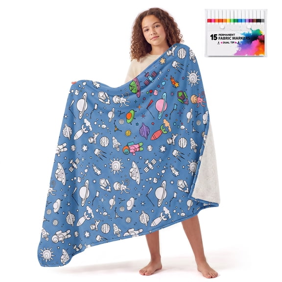 Coloring Blanket with 15 Fabric Markers, DIY Doodle Craft Kit, Blue Space Polyester Sherpa Throw Blanket, Personalized Keepsake Art Blanket for Kids Teens Adults, 60*50"
