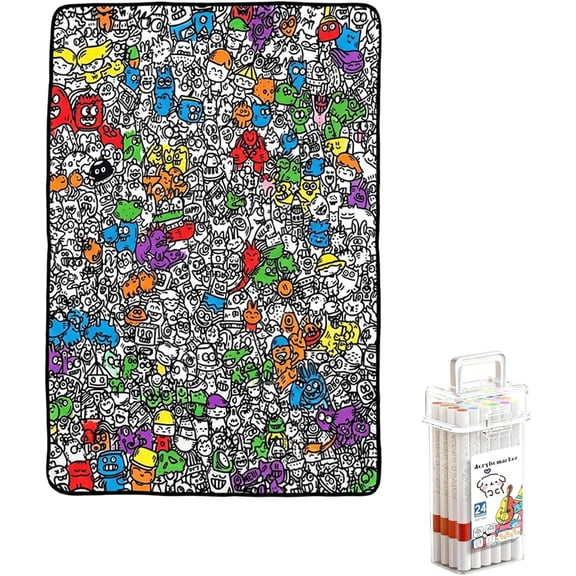 Coloring Blanket with Markers, 40x55 Inch Soft Velvet - DIY Color Blanket for Adults, Home Decor & Craft Gift, Washable