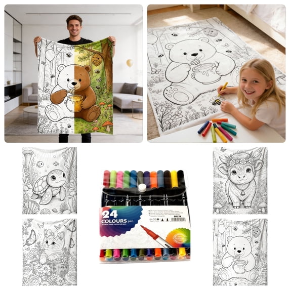 Coloring Blankets for Kids & Adults Cozy Doodle Blanket Machine Washable Color Your Own Sketch Blanket with 24 Color Markers