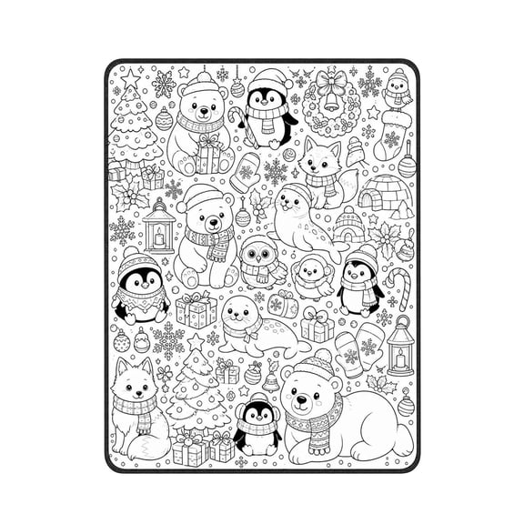 Coloring Throw Blanket, 50x59in Arctic Winter Animals Color-in Blanket, Penguin Polar Bear Seal Igloo DIY Fabric Coloring Throw for Kids
