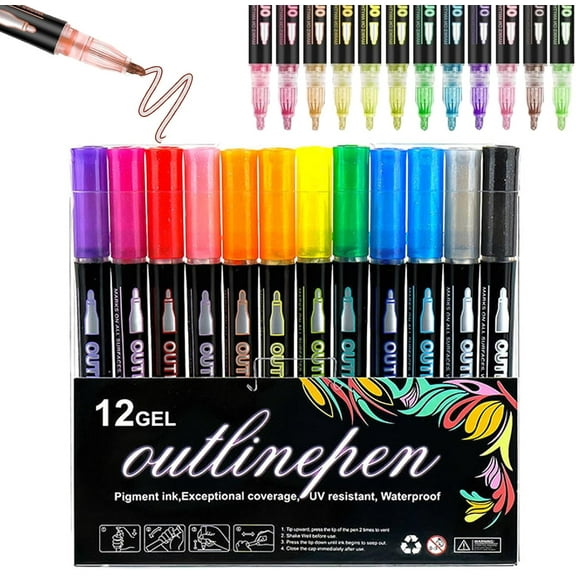 Coloring Lightstick Graffiti Highlighter Pens, Outline Markers Self-Outline Metallic Markers, Shimmer Markers Outline Double Line, for Drawing, Greeting Cards
