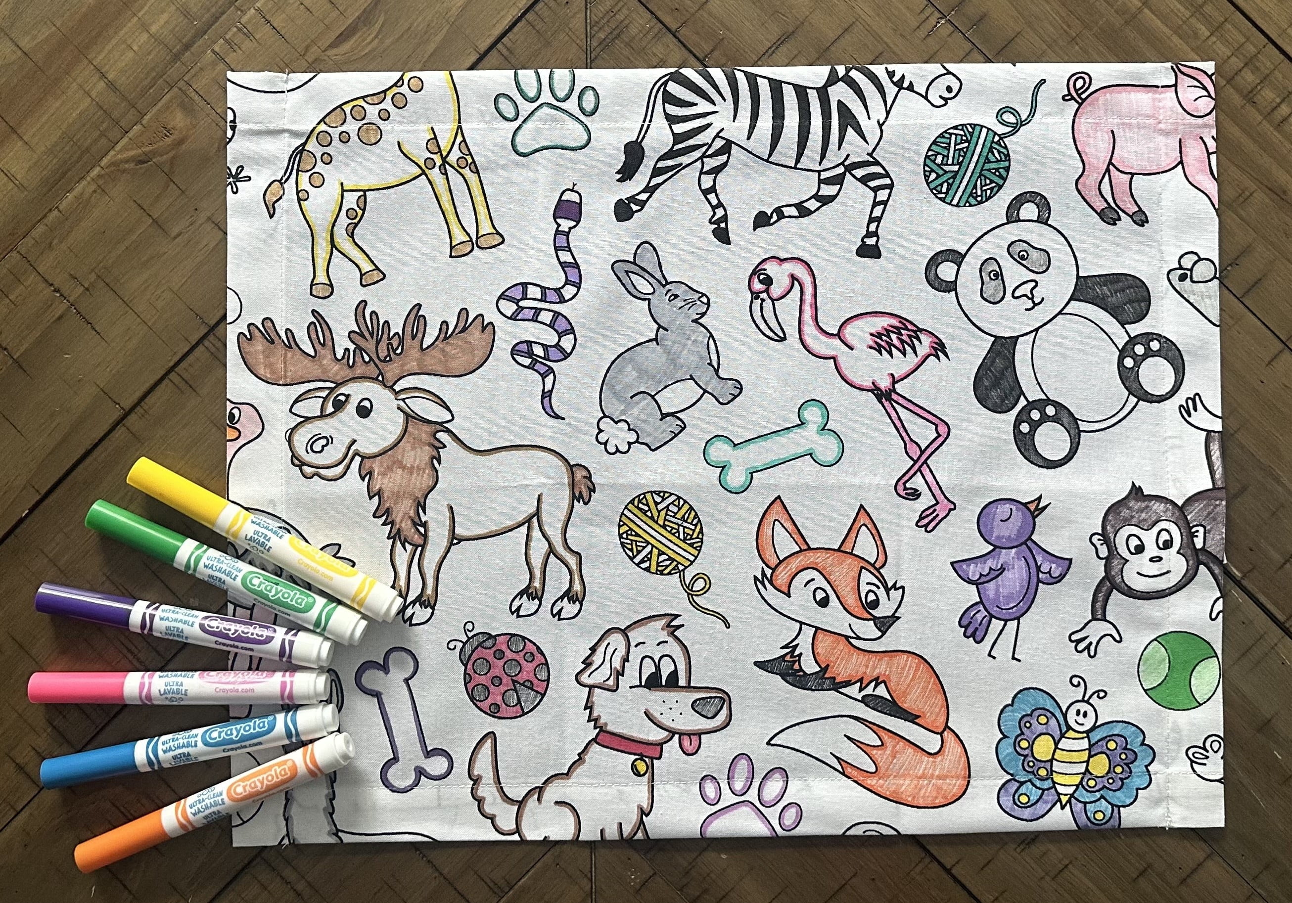 The Coloring Table - Animal Fun Design - Set of 8 Placemats (14"x18") - Fabric Coloring Placemats - Colorable Designs – Washable and Reusable – Coloring Activity for Children and Adults