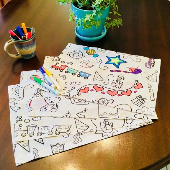 The Coloring Table - Birthday Design - Set of 8 Placemats (14"x18") - Fabric Coloring Placemats - Colorable Designs – Washable and Reusable – Coloring Activity for Children and Adults
