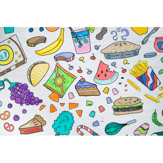 The Coloring Table – Food Fun Design – XL Rectangle Tablecloth - Fabric Coloring Tablecloth - Colorable Designs – Washable and Reusable – Coloring Activity for Children and Adults