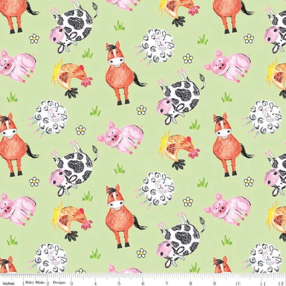 Coloring on the Farm Main Green Cotton Fabric