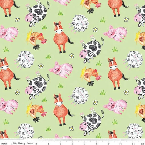 Coloring on the Farm Main Green Cotton Fabric