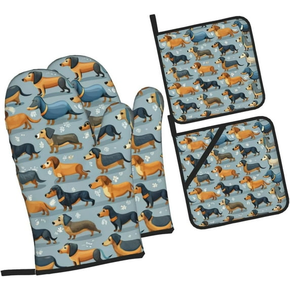 Colors Dachshund Weiner Dog Oven Mitts and Pot Holders Sets of 4, Heat-Resistant Hot Pads Non-Slip BBQ Gloves for Kitchen Baking Cooking Grilling