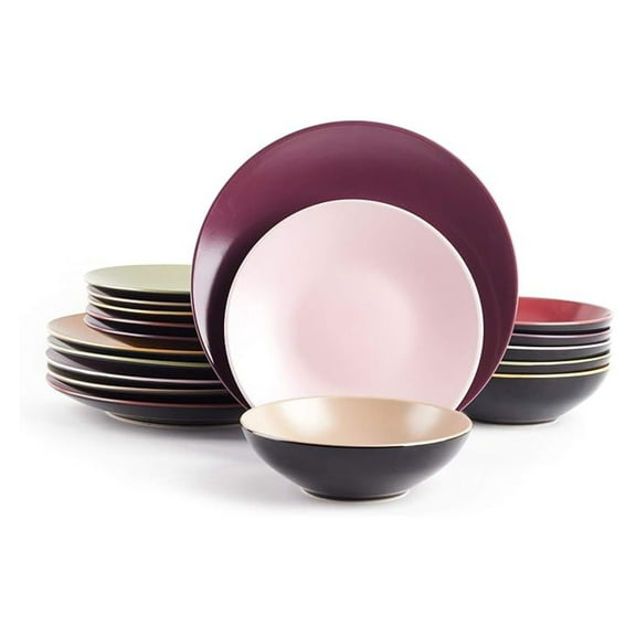 Colors Life 18pc Dinnerware Set - Stoneware Coupe Shape, Shiny Black Exterior & Matte Berry Interior, Dishwasher Safe