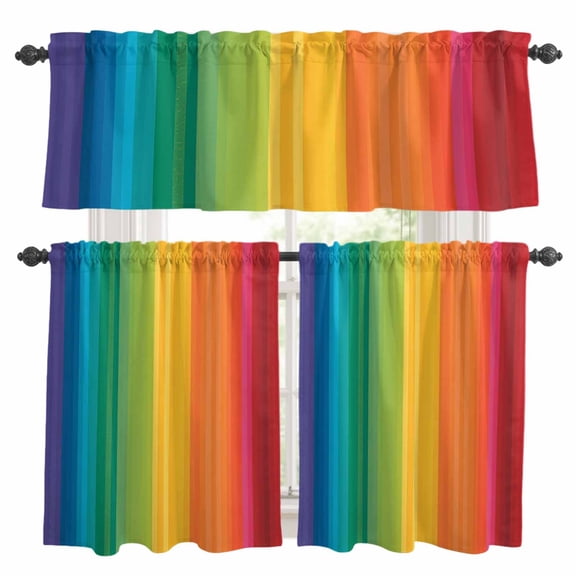 Colors Striped Kitchen Curtains Valances and Tiers Set of 3 Rainbows Gradients Yellow Red Abstract Tier Curtains and Valance with Rod Pocket for Small Windows, 27.5"x24"