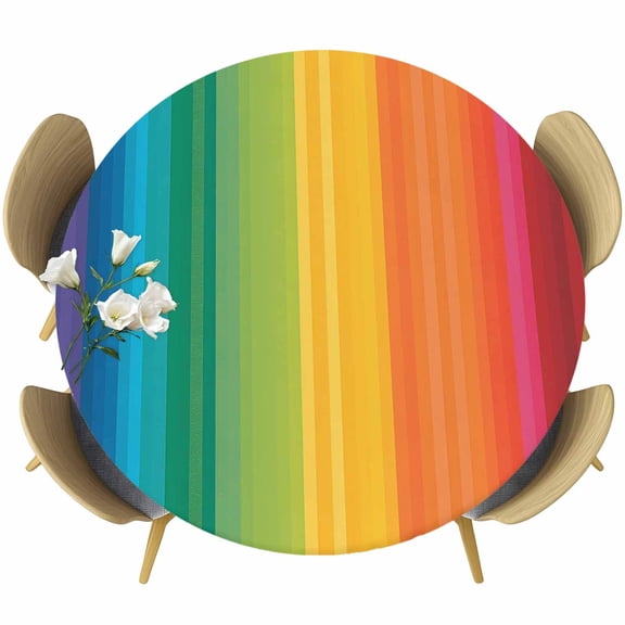Colors Striped Round Fitted Tablecloth with Elastic Edge, Rainbows Gradients Yellow Red Abstract Stretch Table Covers for 36"-44" Tables Wipeable Table Cloth for Outdoor