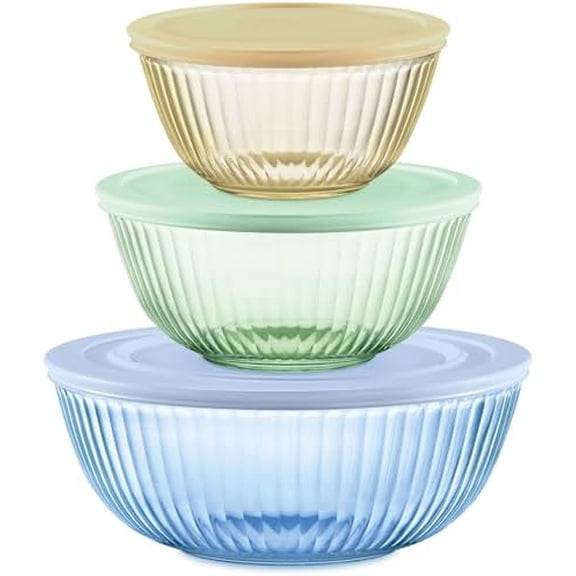 Colors Tinted (3-Pack, Full Set) Sculpted Tinted Glass Mixing Bowls With Lids, Nesting Space Saving Set of Bowls For Prepping and Baking, 1.3QT, 2.3QT & 4.5Q