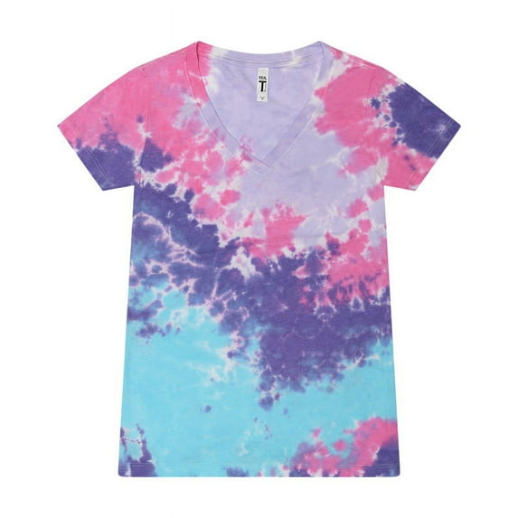 Colortone B11902003 Women Tie-Dyed V-Neck T-Shirt, Cotton Candy - Small
