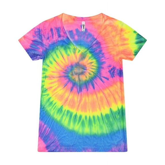 Colortone B11902132 Women Tie-Dyed V-Neck T-Shirt, Neon Rainbow - Extra Small