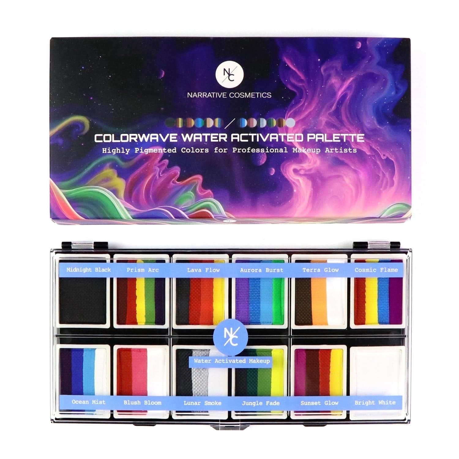 Narrative Cosmetics Colorwave 12-Color Palette - Water-Activated Makeup for Face & Body - Ideal for SFX, Parties, Cosplay, and Theater