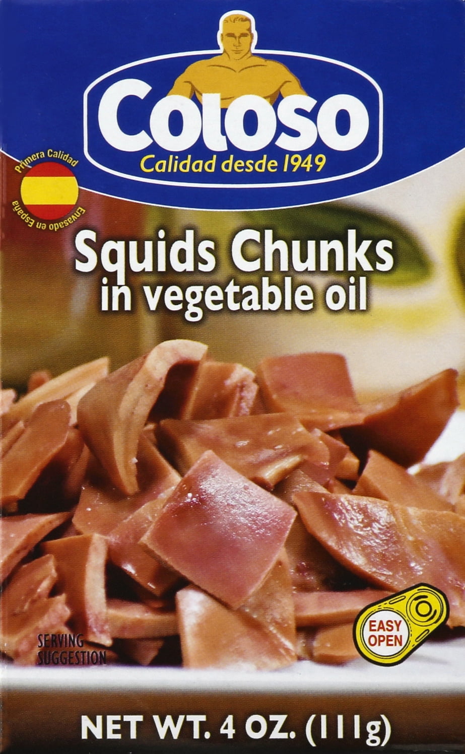 Coloso Squid Chunks in Vegetable Oil, 4 oz Can, Canned Seafood, Contains Shellfish, No Dairy