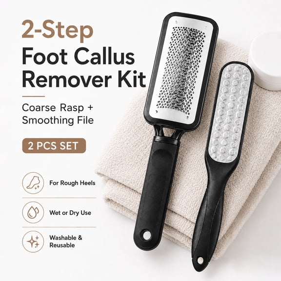 2-Step Foot Callus Remover Kit, Stainless Steel Foot Rasp and Double-Sided Foot File for Dead Skin, Rough Heels, Wet or Dry Home Pedicure