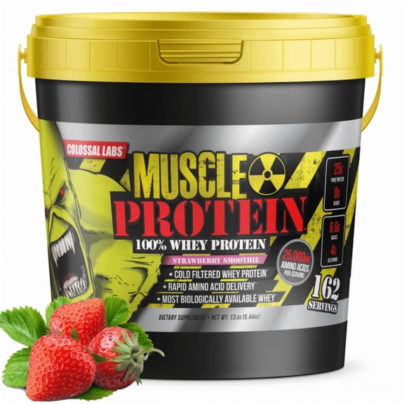 COLOSSAL LABS Muscle Protein Whey Powder [12 lbs/Pack of 1] Cold Filtered, 25g Pure Protein, 6.6g BCAAs (Packaging May Vary) (12LB, Strawberry)