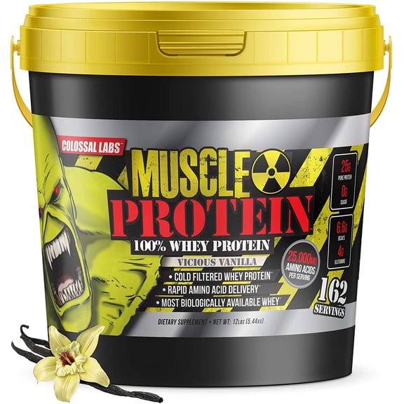 COLOSSAL LABS Muscle Whey Protein Flavored Protein Powder, 25,000mg Amino Acids/Serving, Cold Filtered(Packaging May Vary) (12 Pound (Bucket), Vanilla)