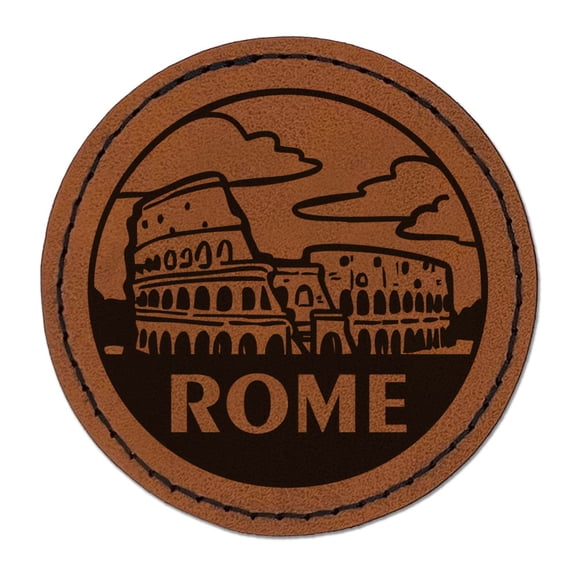 Colosseum Rome Italy Landmark Destination Circle Round Iron-On Engraved Faux Leather Patch Applique - 2.5 Inch - Brown