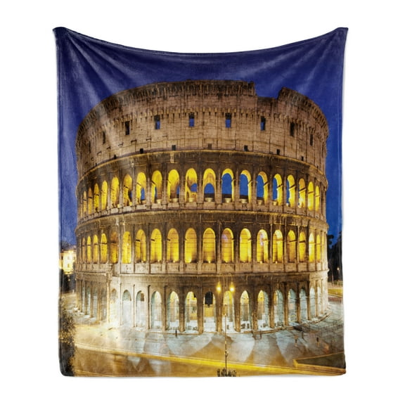 the Colosseum Soft Flannel Fleece Throw Blanket, Historic Imperial Roman Architecture European Culture, Cozy Plush for Indoor and Outdoor Use, 50" x 60", Royal Blue Yellow Brown, by Ambesonne