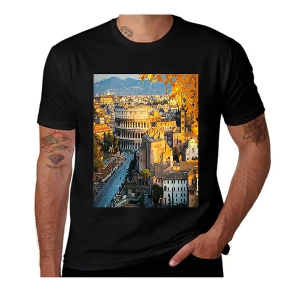 Colosseum View in Rome-Italy-Pale Blue-Marigold-Ivory- Casual Streetwea Everyday Tshirt Comfortable Wear tee shirt