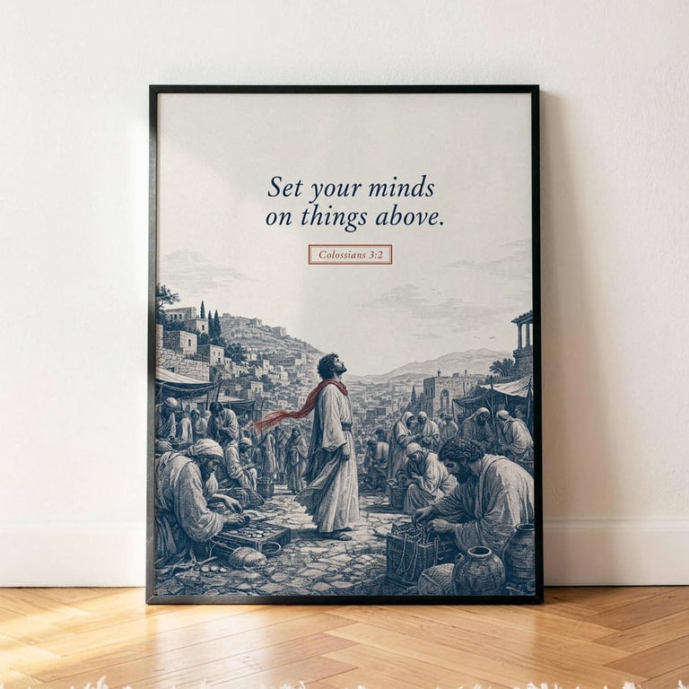 Colossians 3 2 Things Above Wall Art Print, Navy Vintage Bible Verse ...