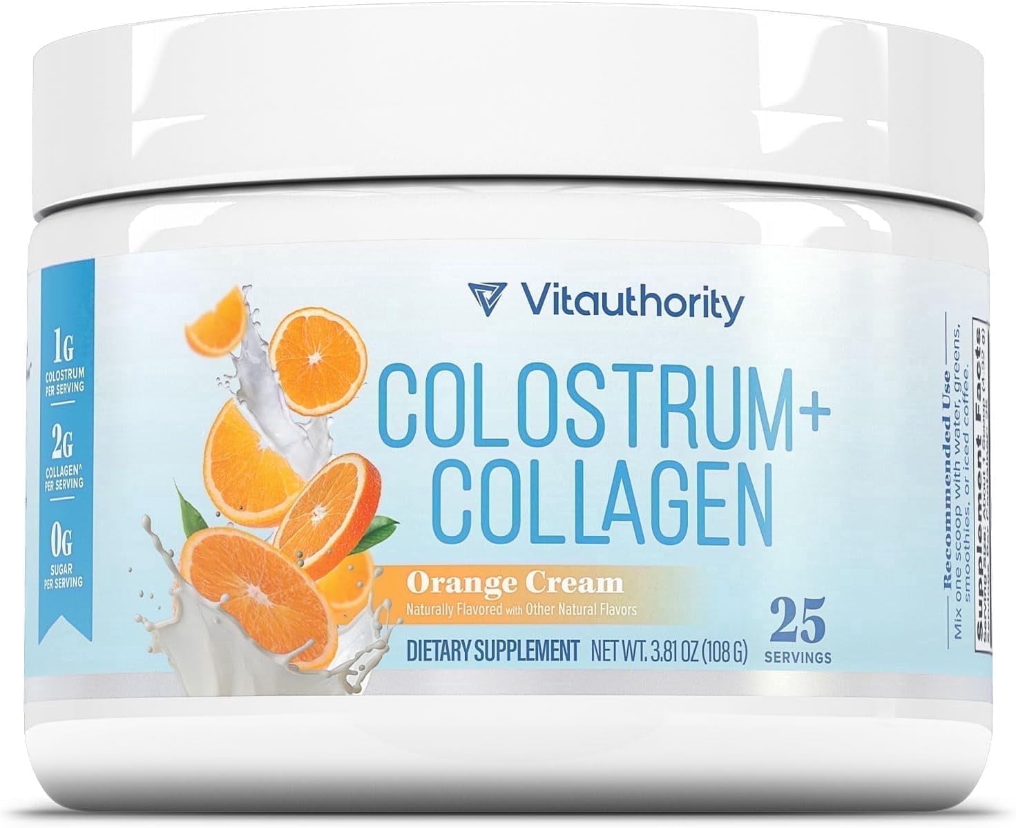 Vitauthority Colostrum Collagen Beauty Dietary Supplement Powder, Orange Cream Hydration Blend with HydroPeach Ceramides, 25 Servings